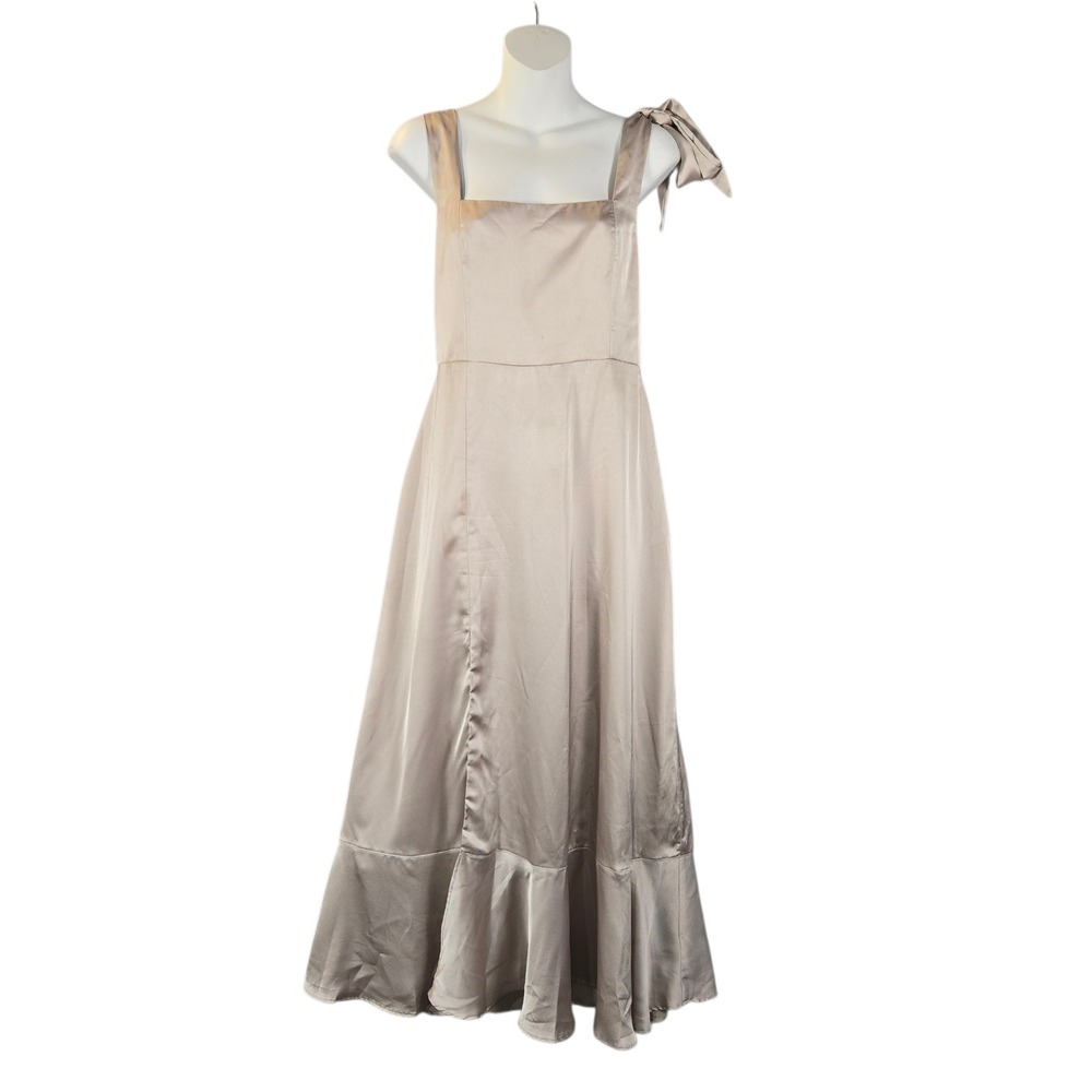 Show Me‎ Your Mumu Claire Midi Dress Champagne Satin Tie Shoulder Smocked Back M
